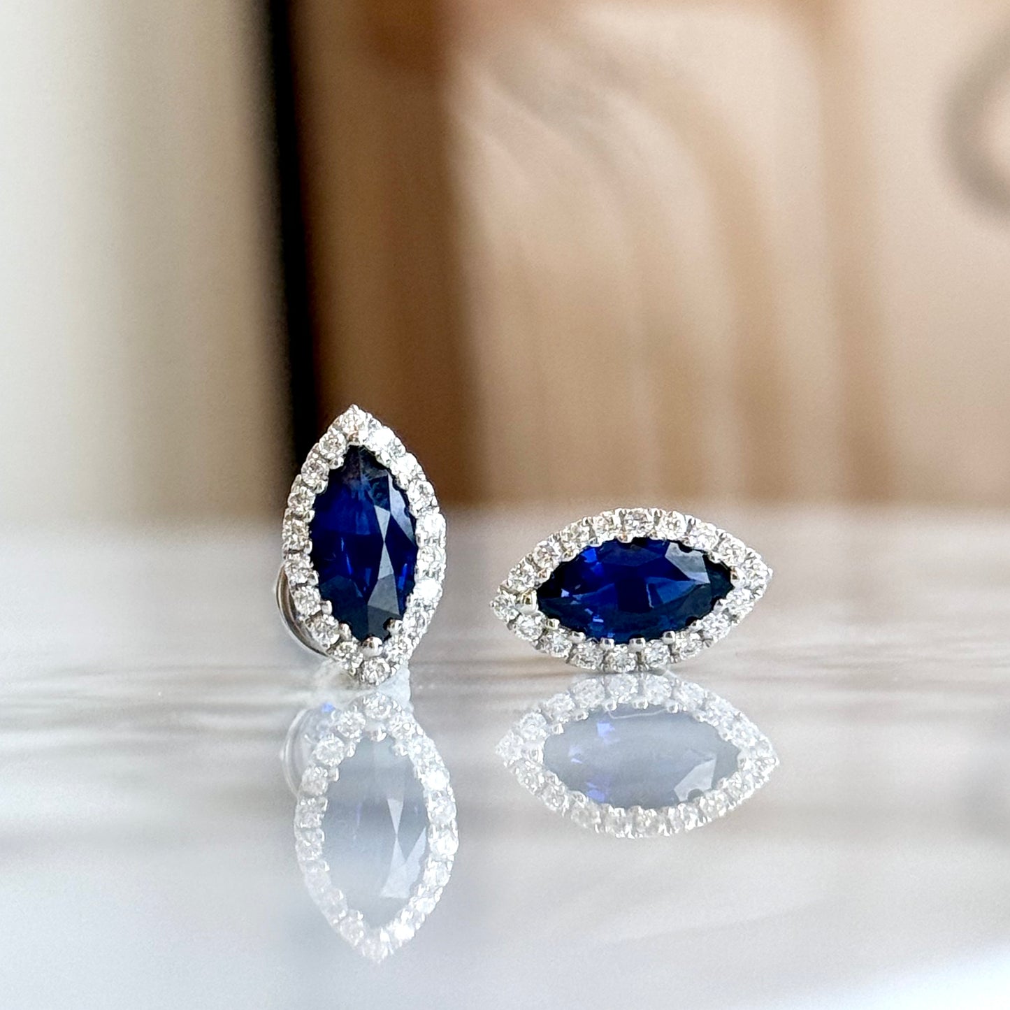 18K White Gold Marquise Sapphire and Diamond Halo Earrings