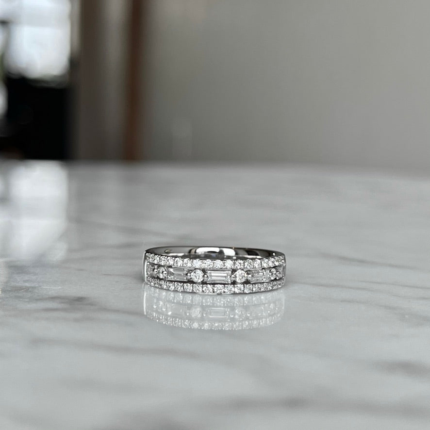 18K White Gold Triple Row Baguette and Round Diamond Anniversary Band