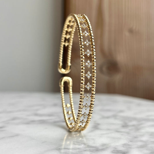 14K Yellow Gold Double Row clover Diamond Flex Cuff Bracelet 67/100CTW