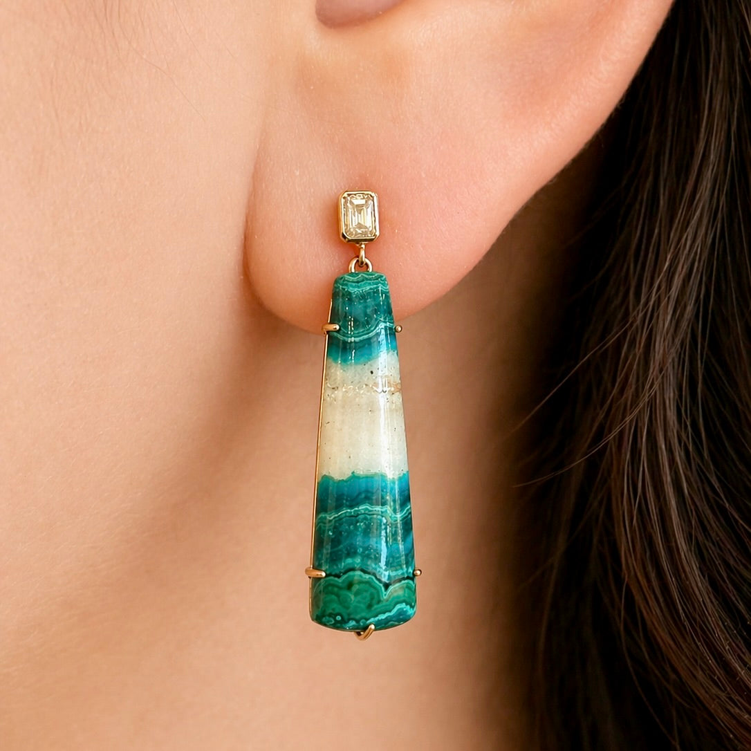 18K Rose Gold Diamond and Chrysocolla Malachite Earrings