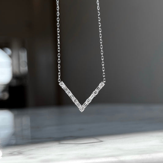 18K White Gold Baguette and Round Diamond "V" Necklace