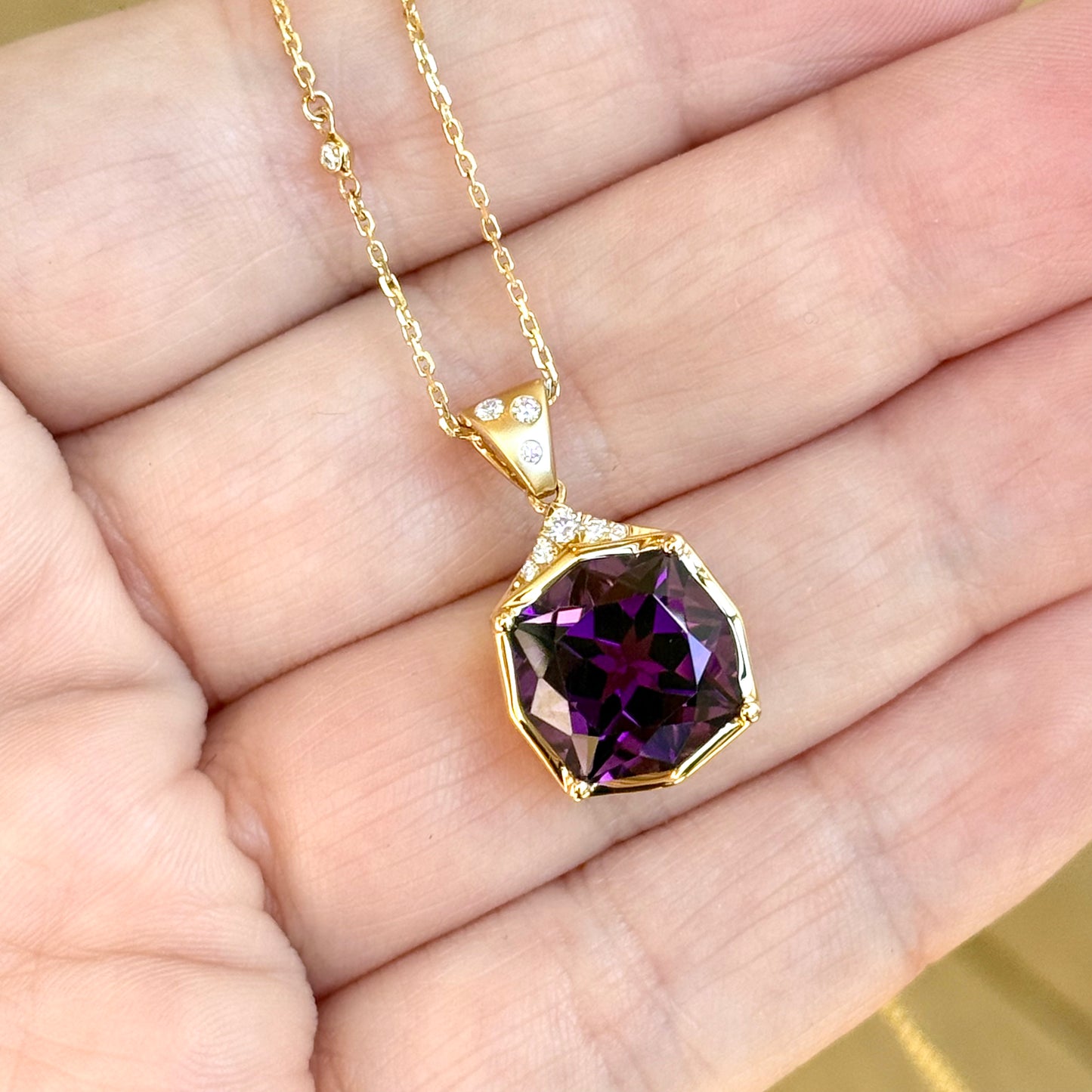 14K Yellow Gold Amethyst and Diamond Necklace