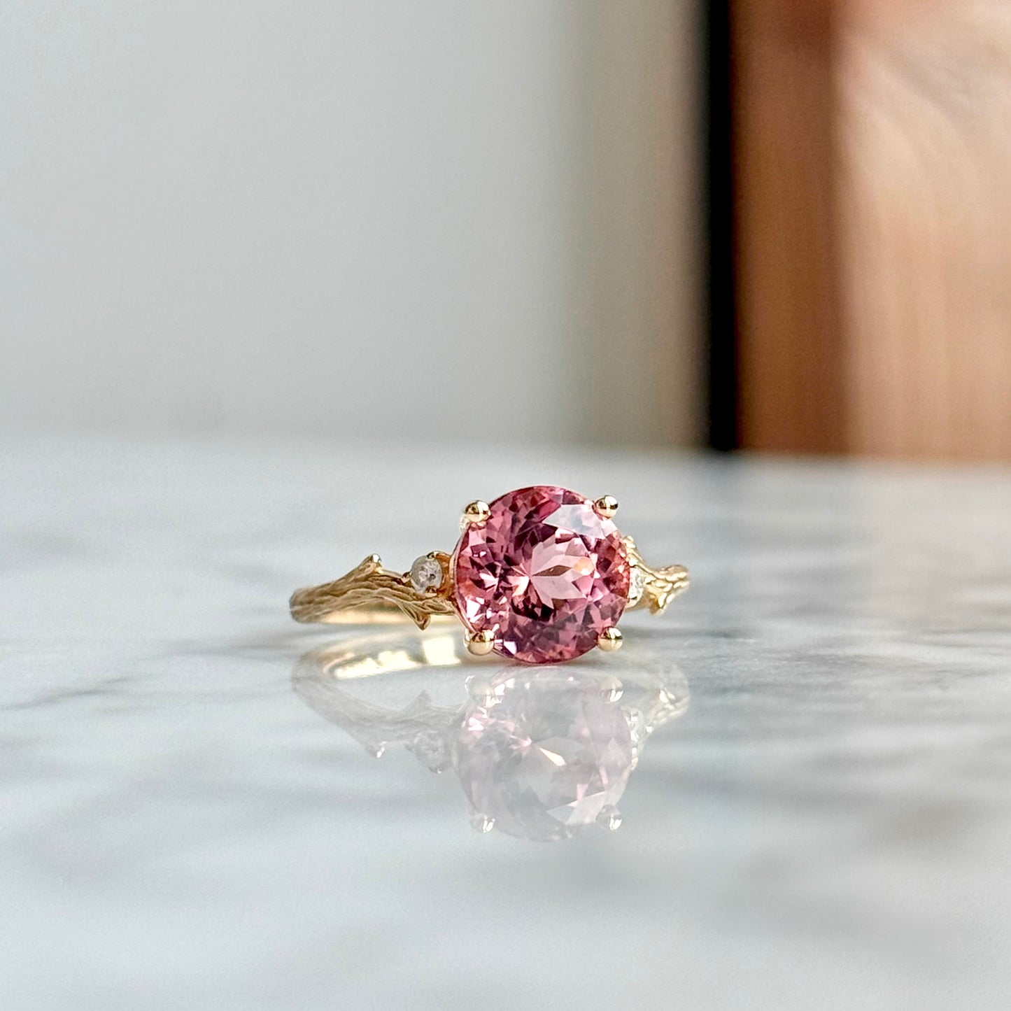 14K Yellow Gold "Branch" Diamond and Tourmaline Ring