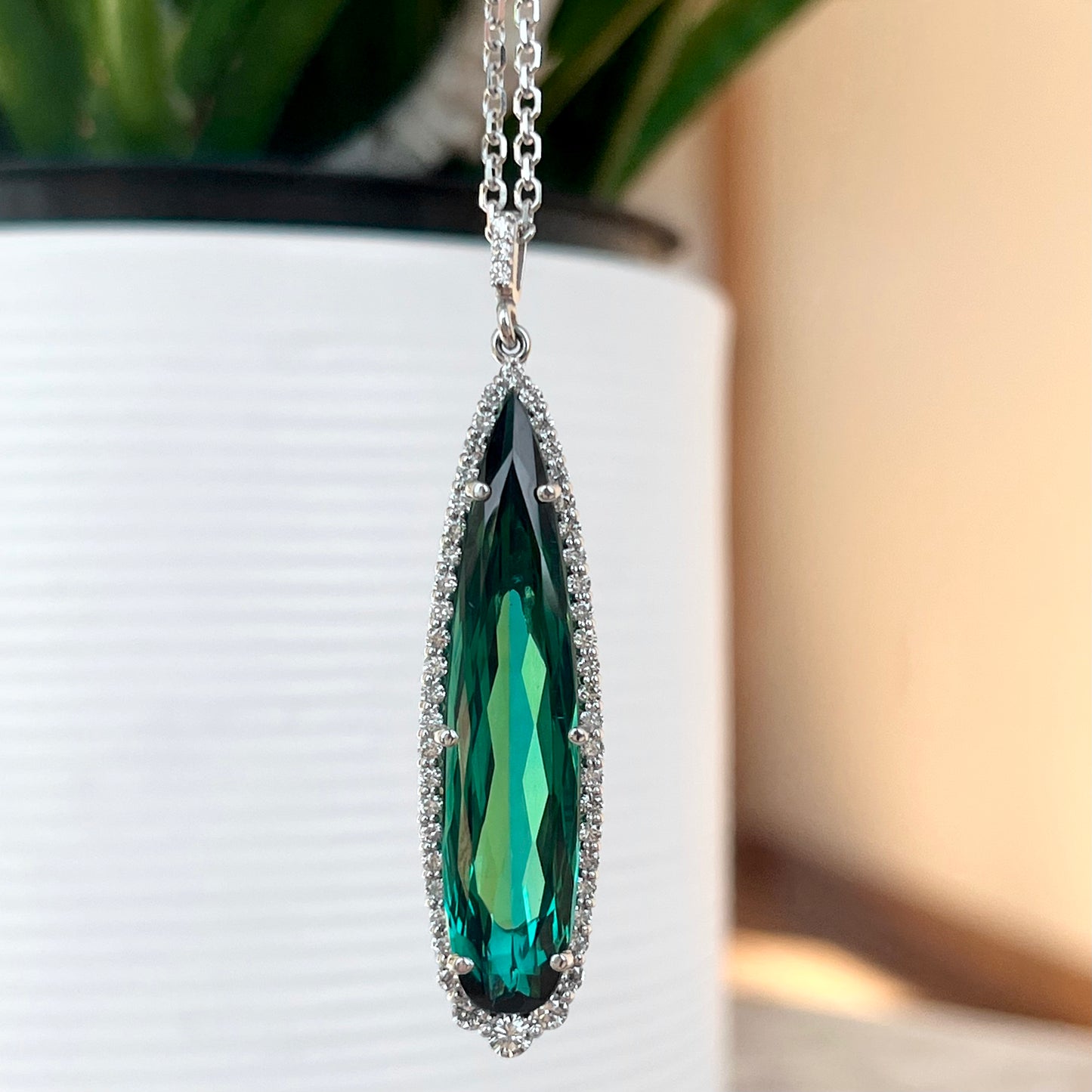 14K White Gold Teal Tourmaline and Diamond Halo Necklace 8.82CTW