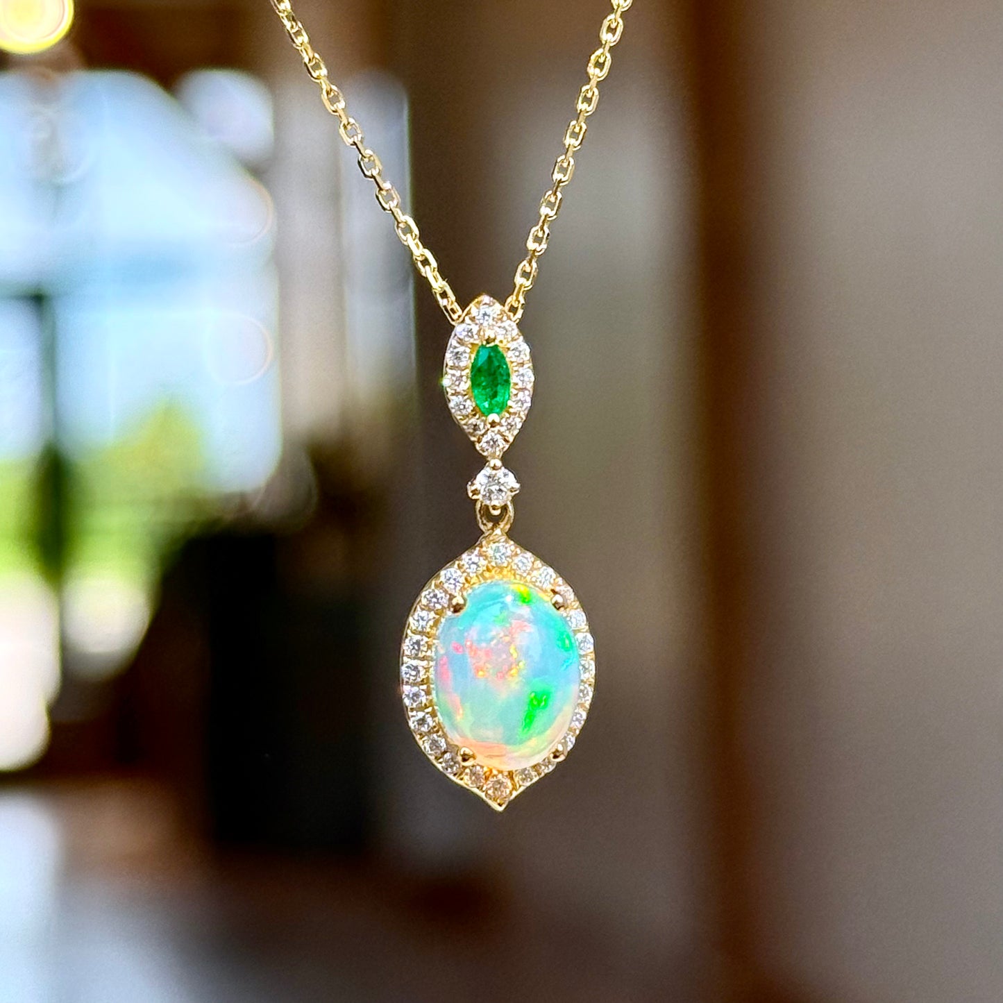 14K Yellow Gold Opal, Emerald and Diamond Necklace