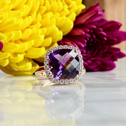 14K Rose Gold "Floating" Amethyst and Diamond Halo Ring 6.55CTW