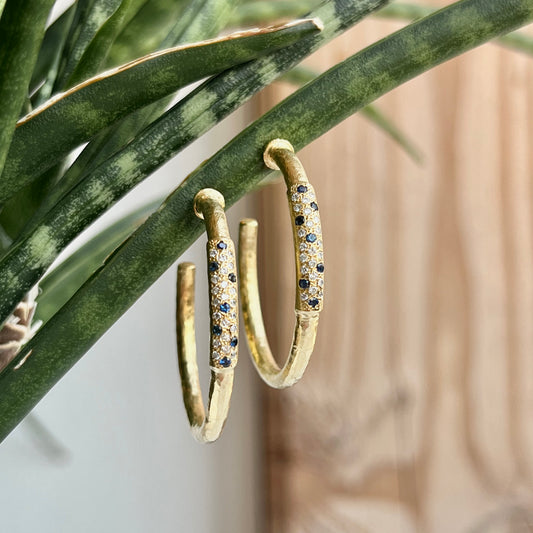 14K Yellow Gold Diamond and Sapphire Hammered Hoop Earrings