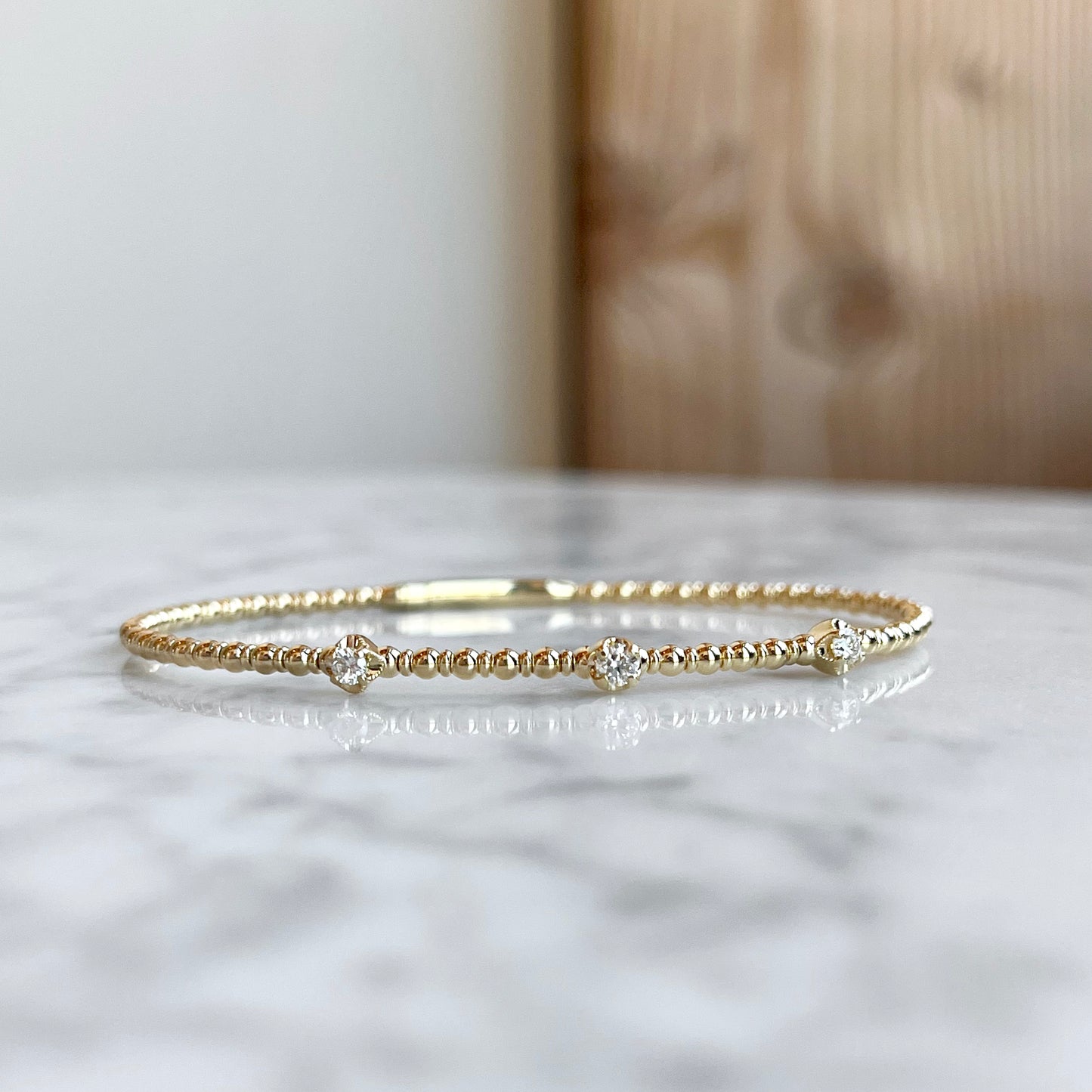 14K Yellow Gold "3 Stone" Diamond Flexible Bangle Bracelet