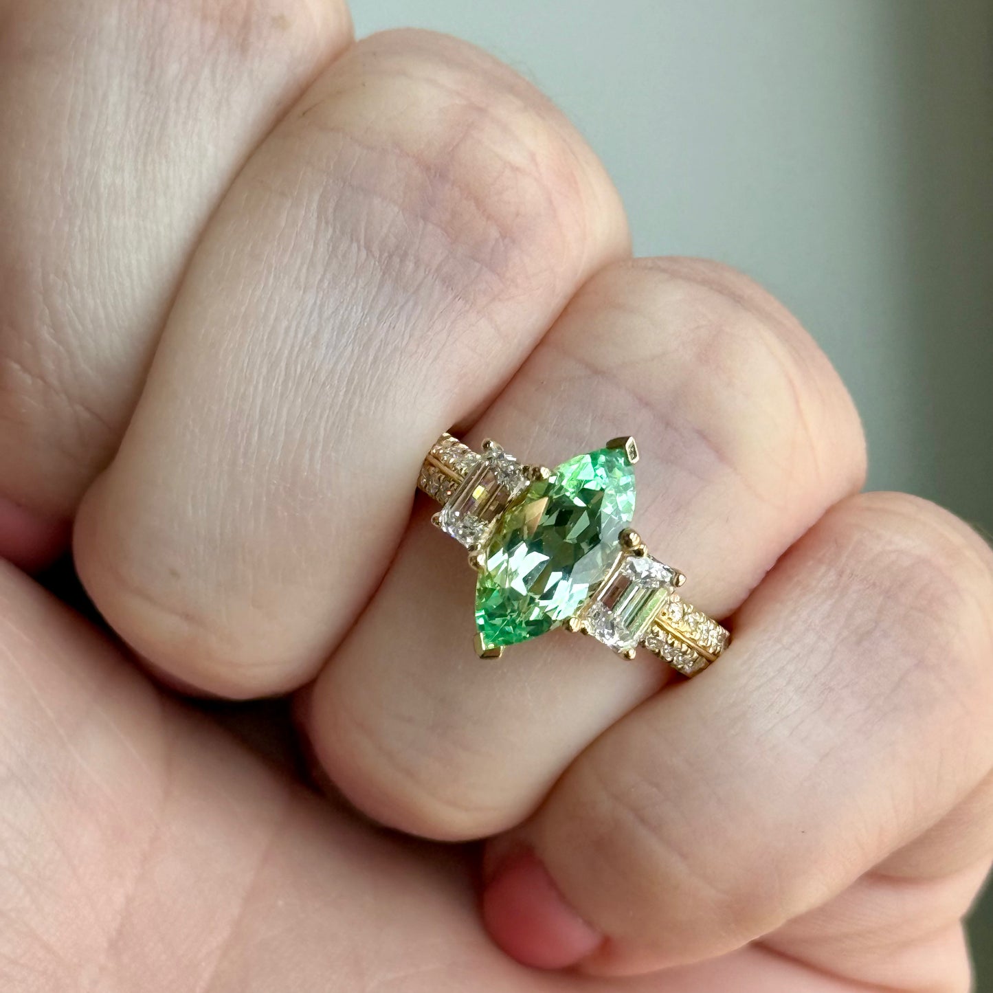 14K Yellow Gold  Marquise Tsavorite Garnet and Diamond Ring