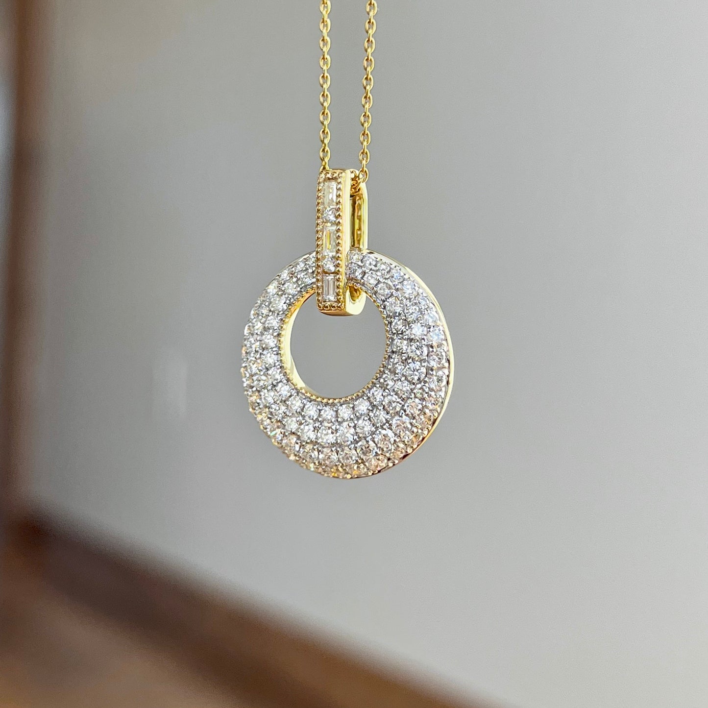 14K Yellow Gold and White Gold Pave Disc Necklace