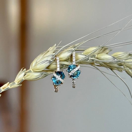 14K Yellow Gold Blue Topaz and Diamond Fashion Huggie Hoop Earrings