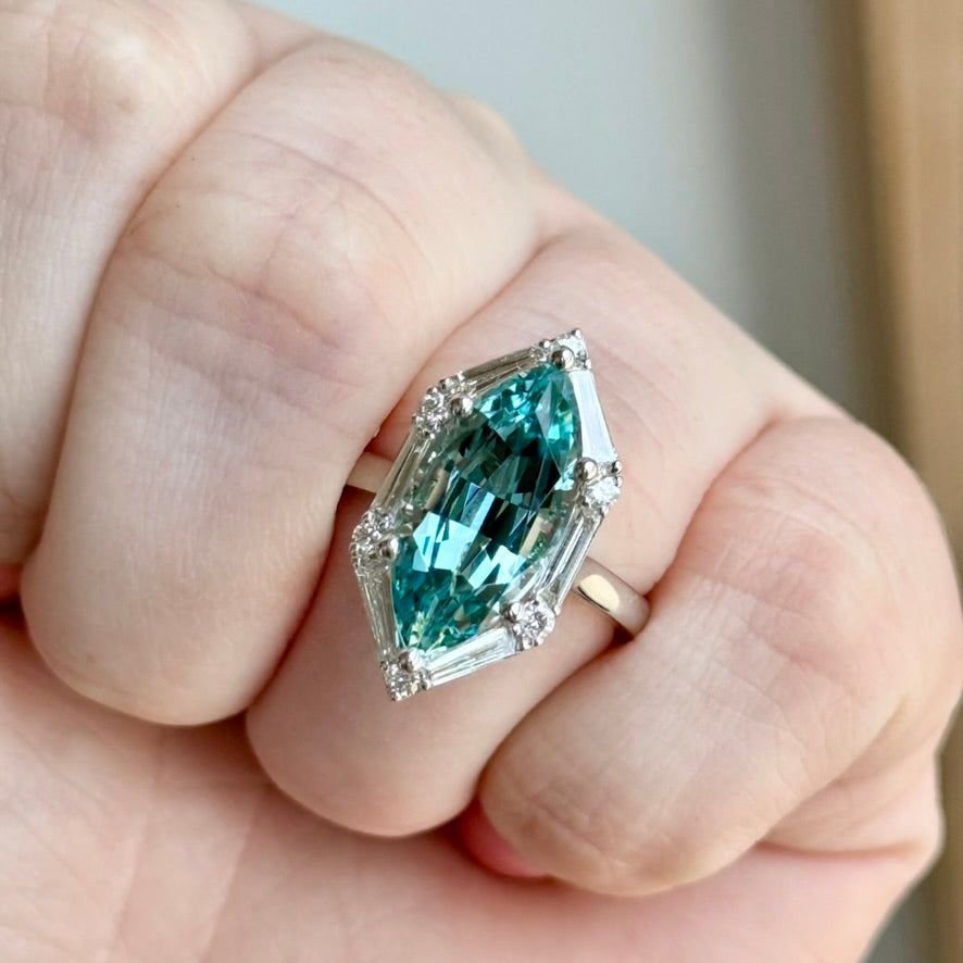14K White Gold Aquamarine and Diamond Halo Ring