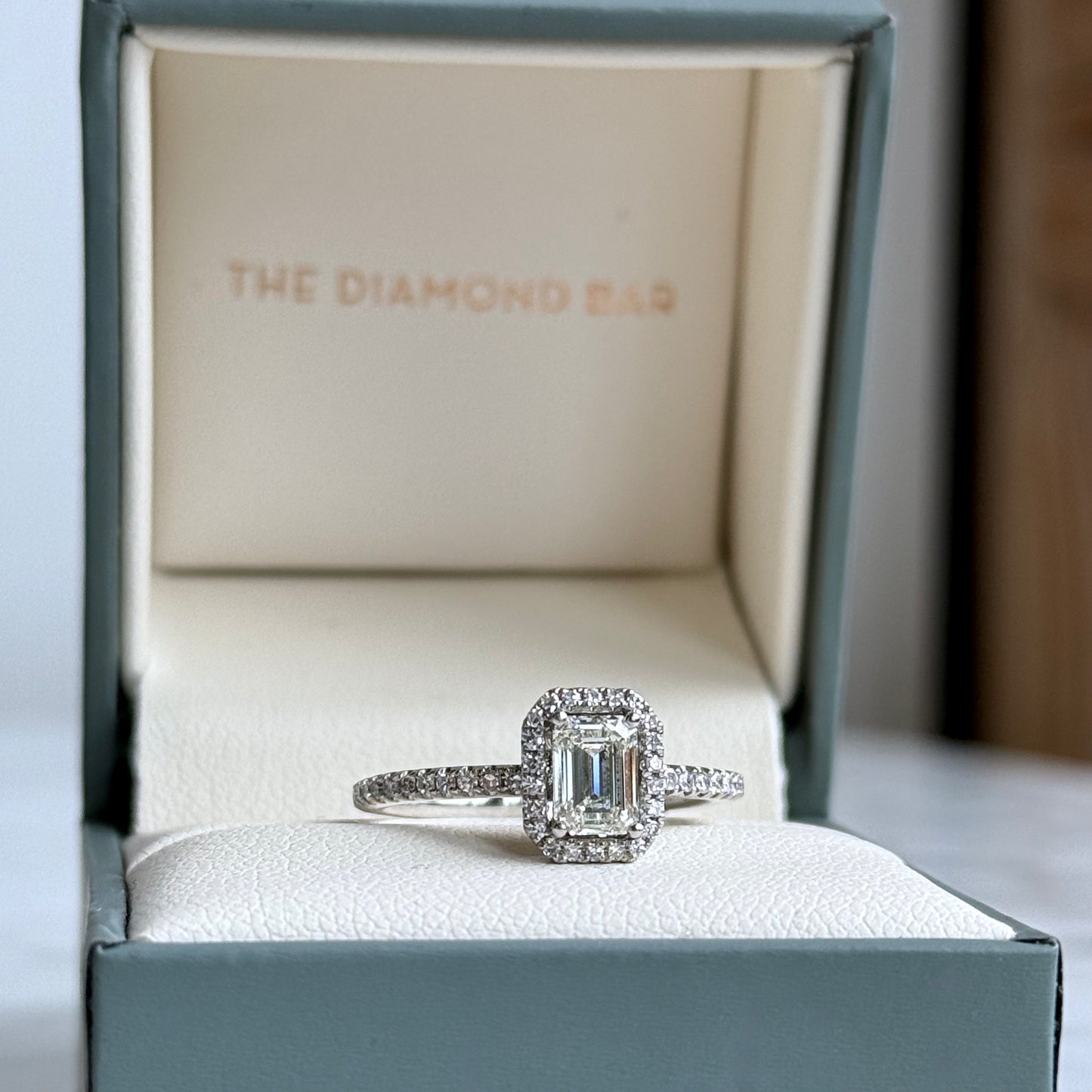 Platinum Natural Emerald Diamond Halo Engagement Ring