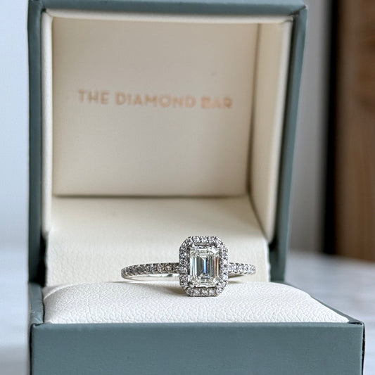 Platinum Natural Emerald Diamond Halo Engagement Ring