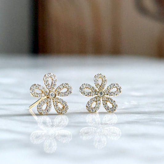 14K Yellow Gold Diamond Pave Flower Stud Earrings 29/100CTW