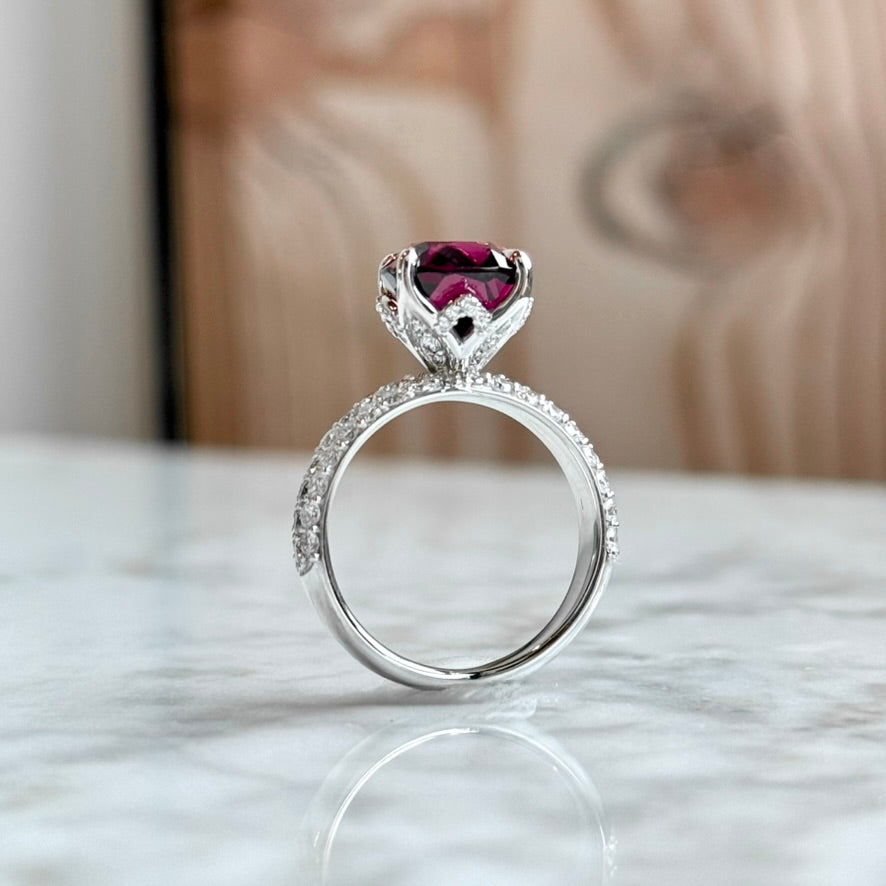 14K White Gold Rhodolite Garnet and Diamond Ring