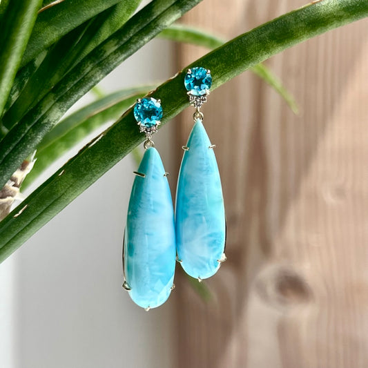 14K Yellow Gold Blue Topaz, Diamond and Larimar Mineral Earrings