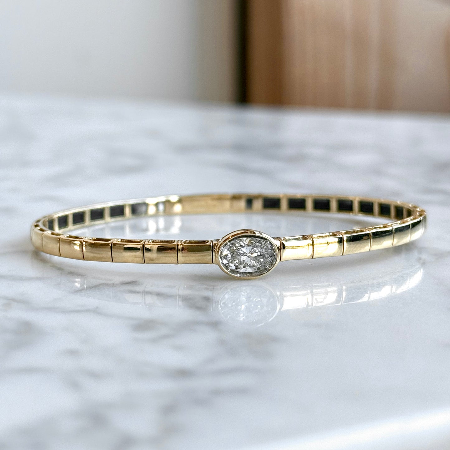 14K Yellow Gold Oval Diamond Flexible Bangle Bracelet 76/100CTW