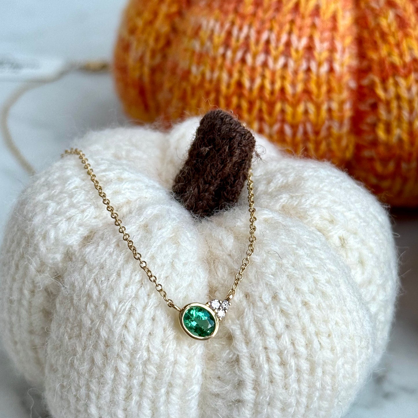 14K Yellow Gold Emerald and Diamond Asymmetrical Necklace