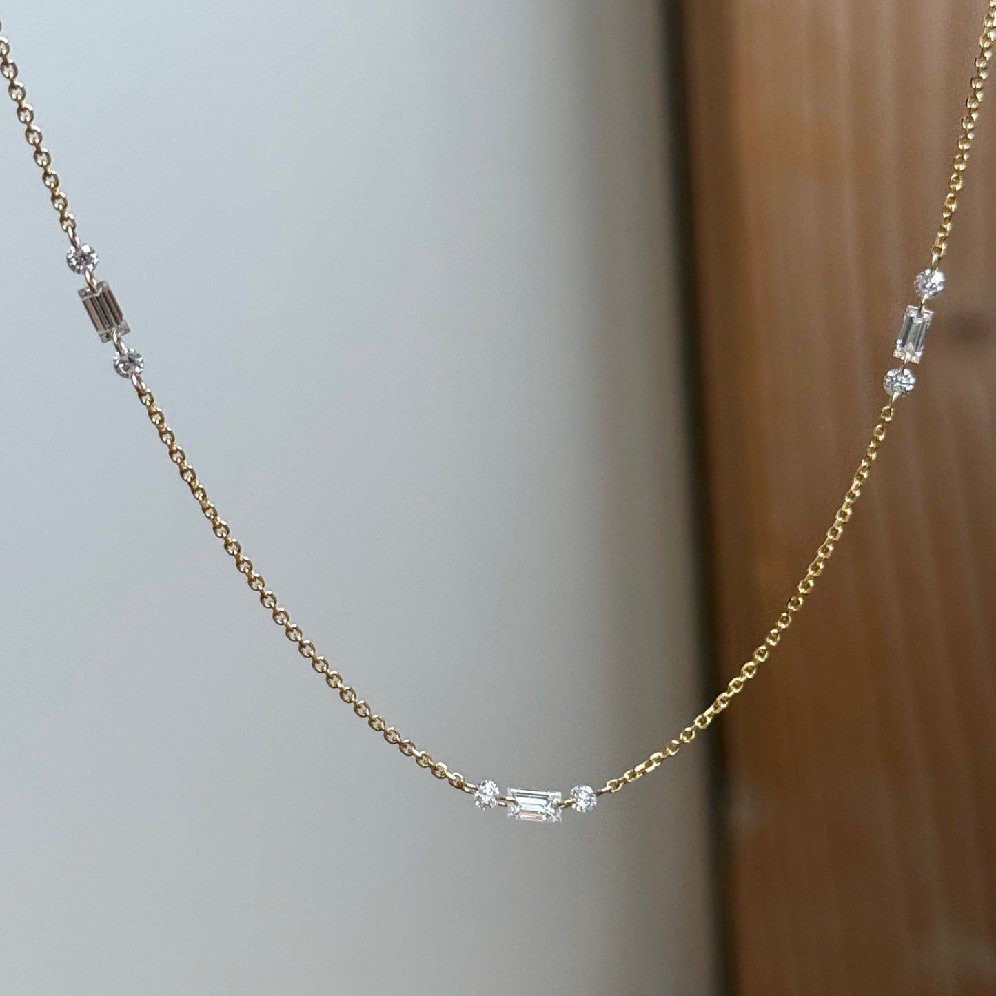 14K Yellow Gold Baguette and Round Triple Station Necklace