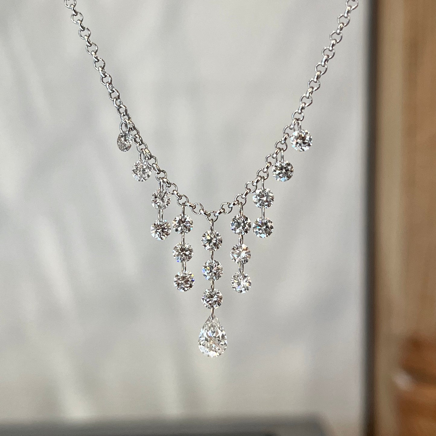 14K White Gold Floating Diamond Cleopatra Pear Drop Necklace