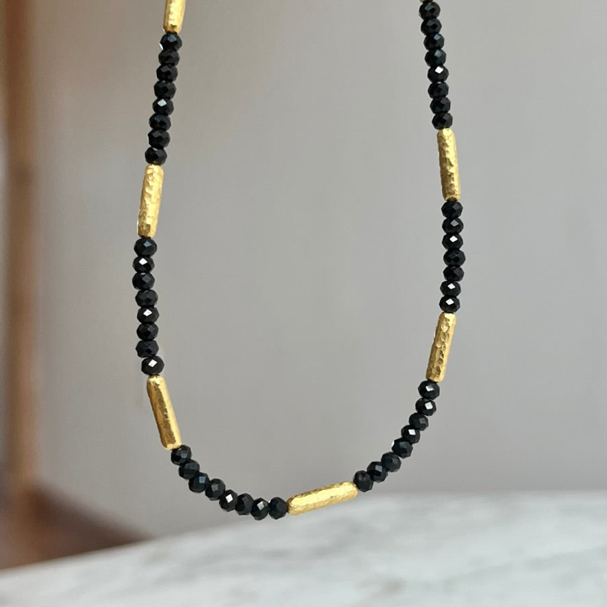 14K Yellow Gold Black Spinel and Gold Bar Necklace