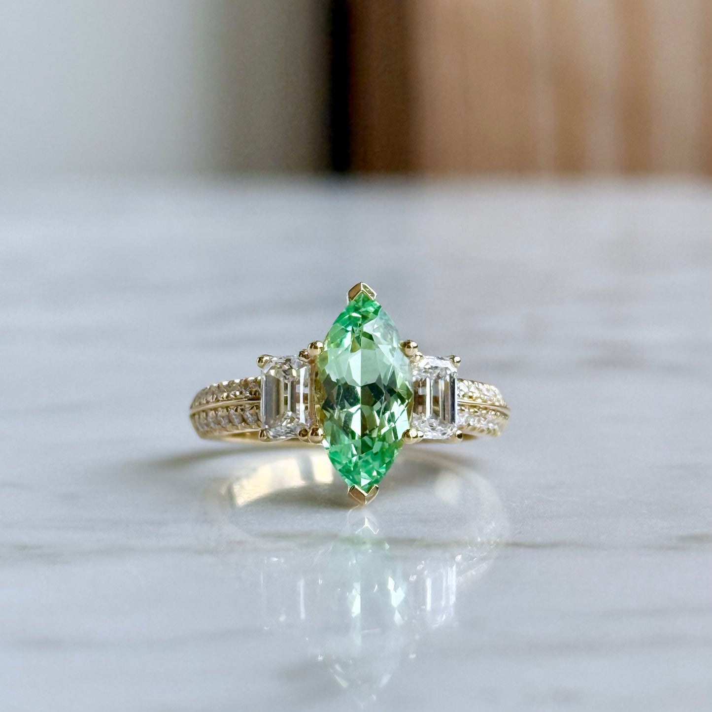 14K Yellow Gold  Marquise Tsavorite Garnet and Diamond Ring