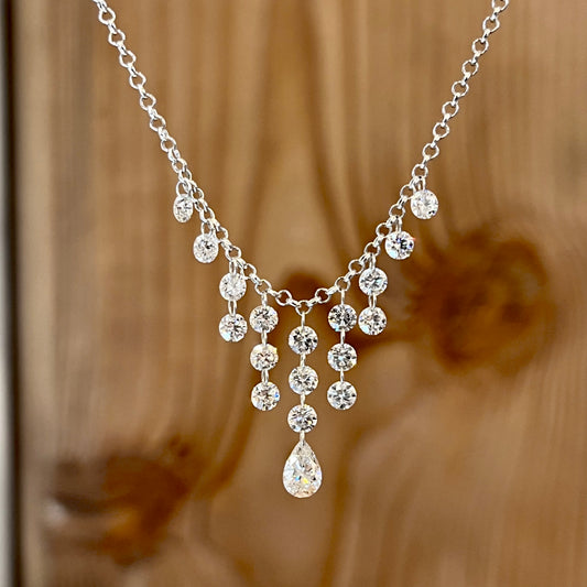 14K White Gold Floating Diamond Cleopatra Pear Drop Necklace