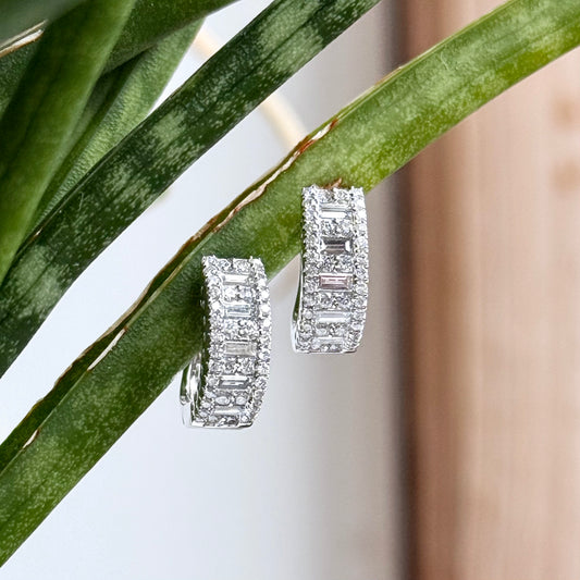 14K White Gold Wide Baguette Diamond Huggie Hoop Earrings