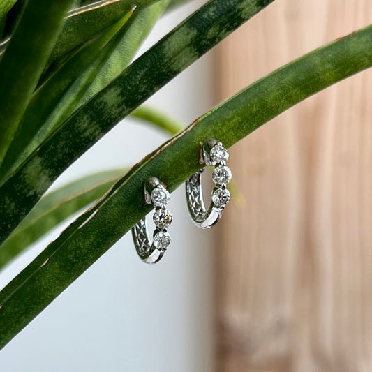 14K White Gold Three Stone Huggie Hoop Earrings