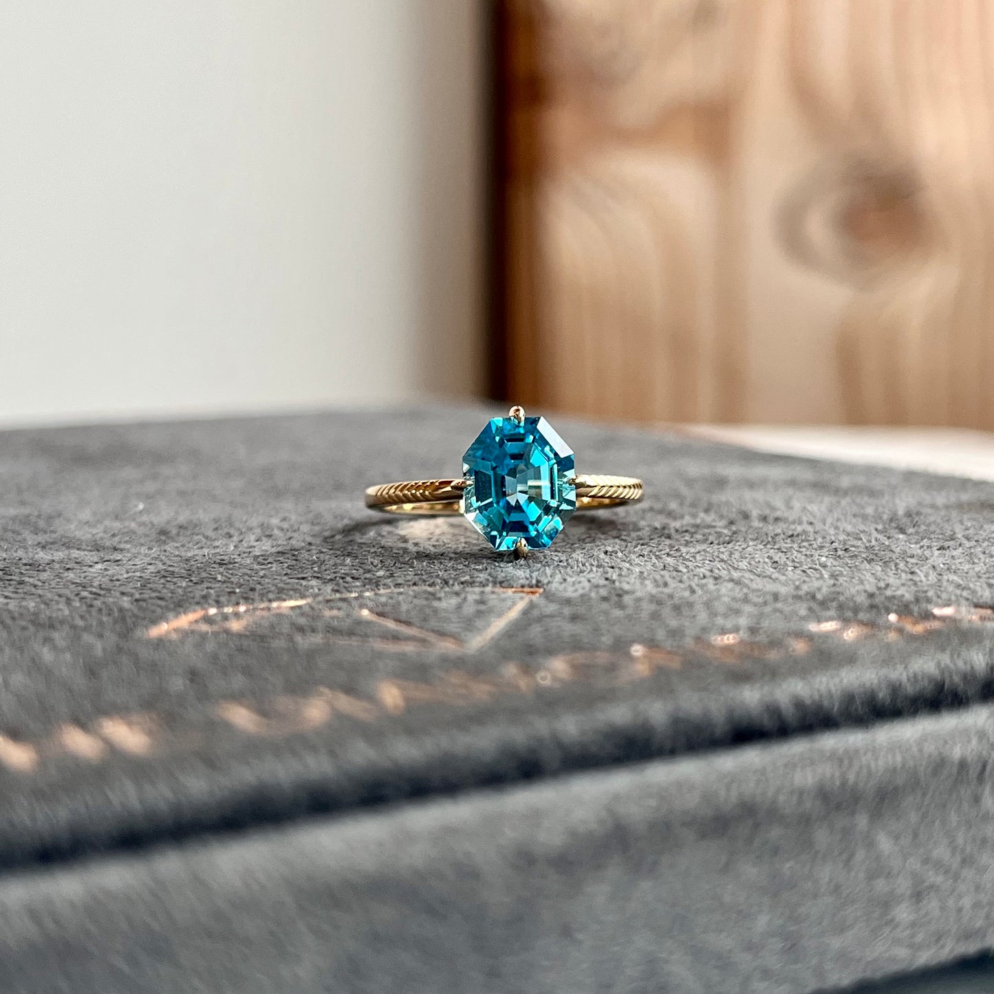 14K Yellow Gold Octagon Blue Topaz Ring