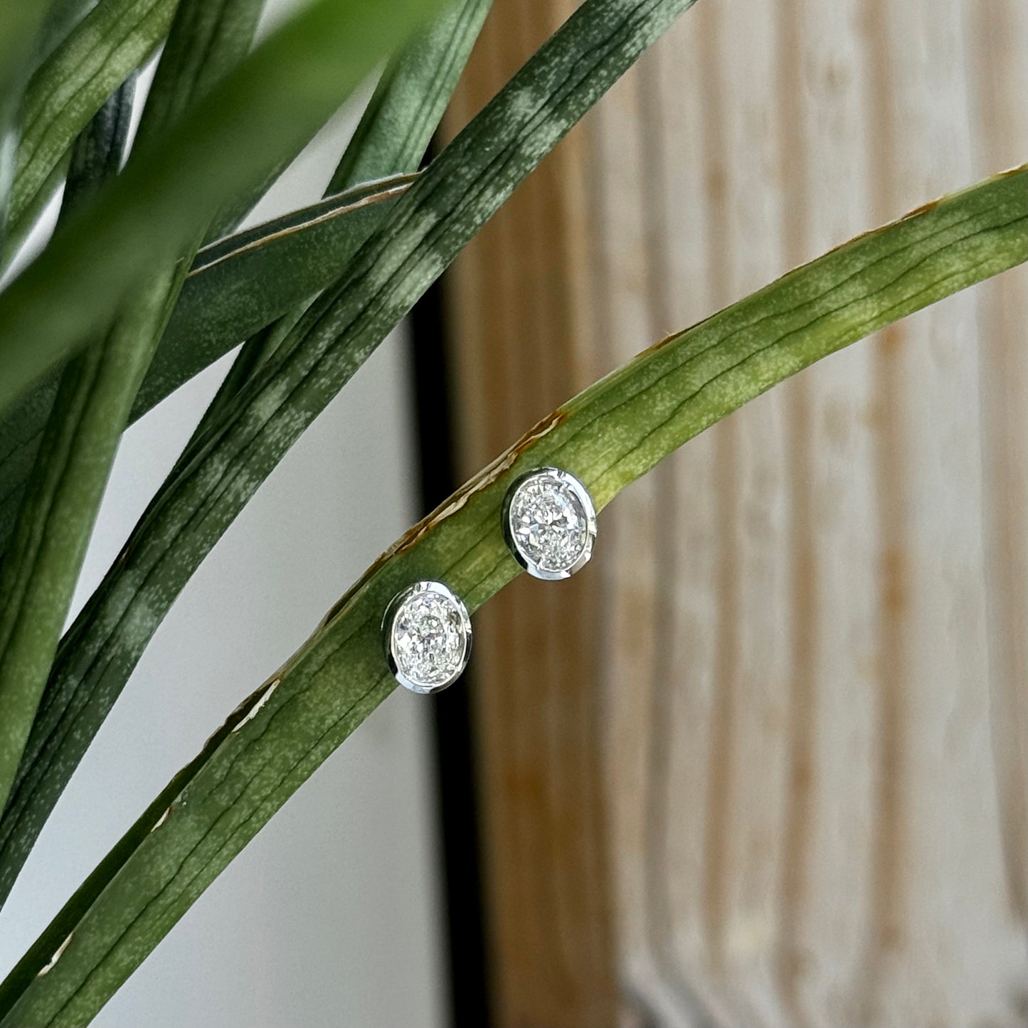 14K White Gold Oval Diamond Bezel Stud Earrings