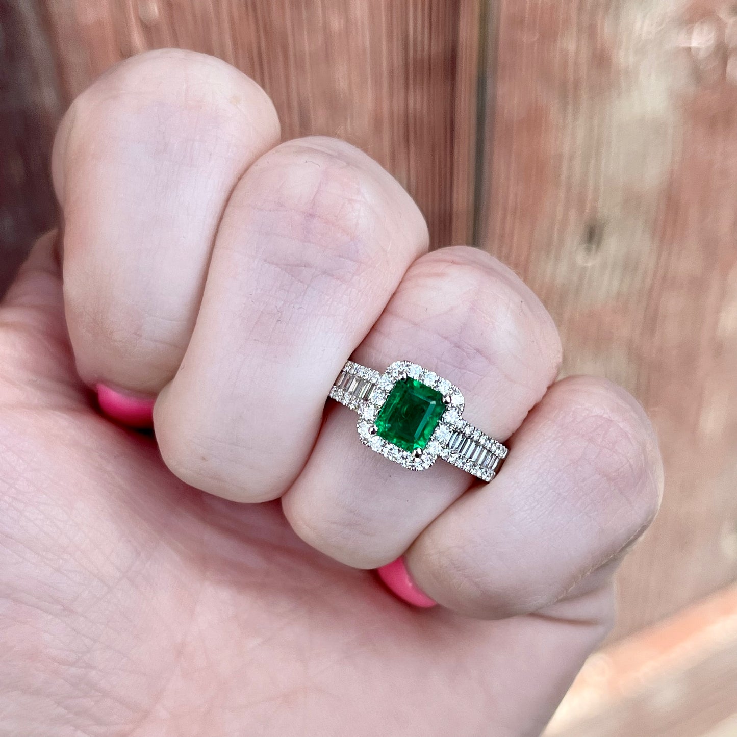 18K White Gold Emerald and Diamond Halo Ring