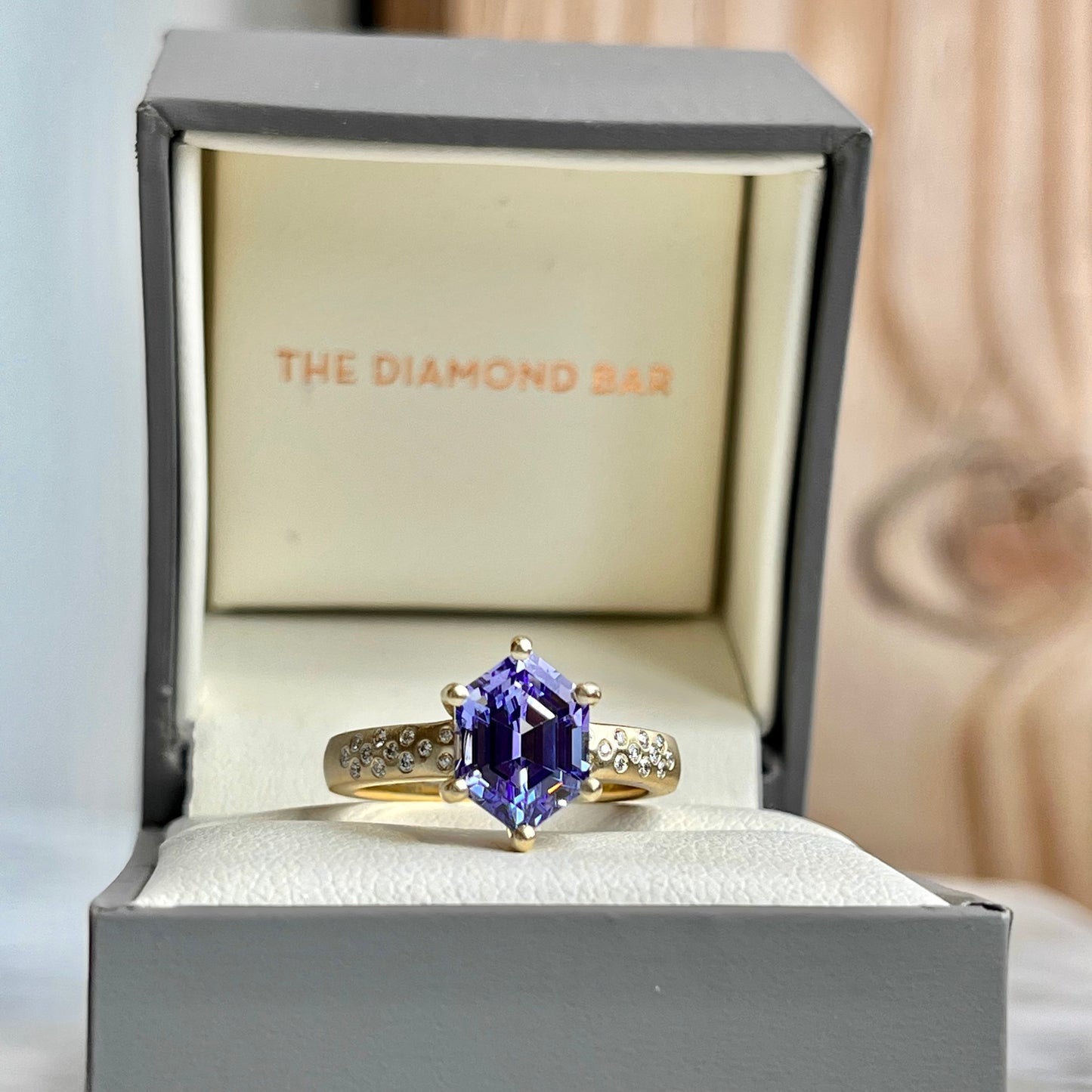 14K Yellow Gold Hexagon Cut Tanzanite and Diamond Ring