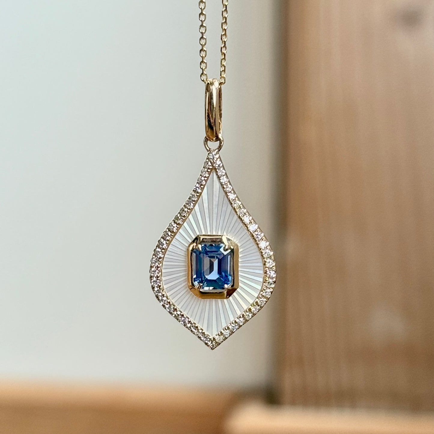 14K Yellow Gold Blue Sapphire, Mother-of-Pearl, and Diamond Halo Necklace