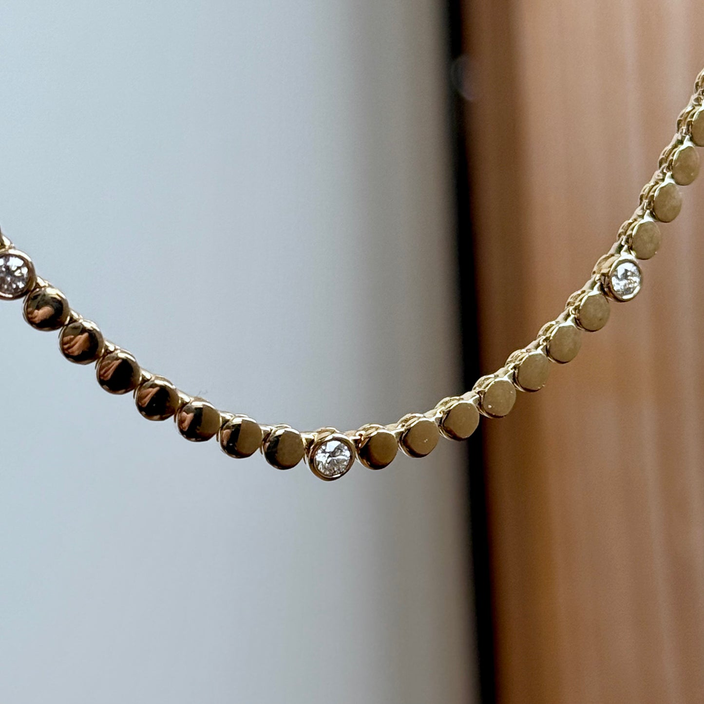 14K Yellow Gold Flat Bead and Bezel Diamond Riviera Necklace