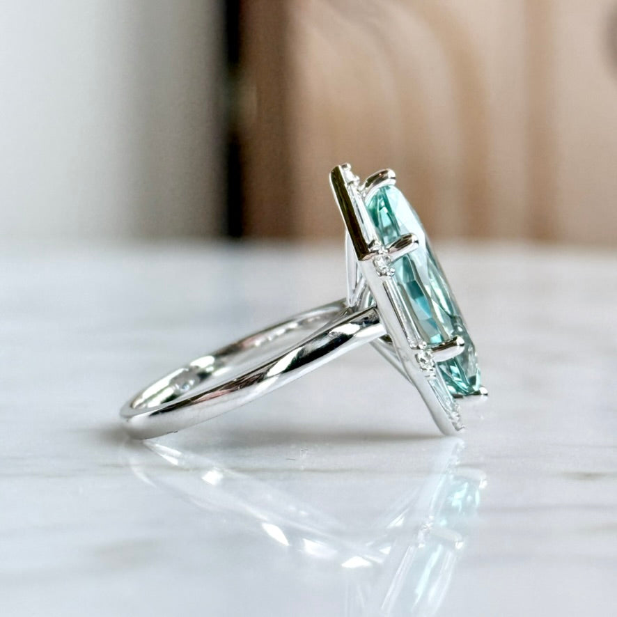14K White Gold Aquamarine and Diamond Halo Ring