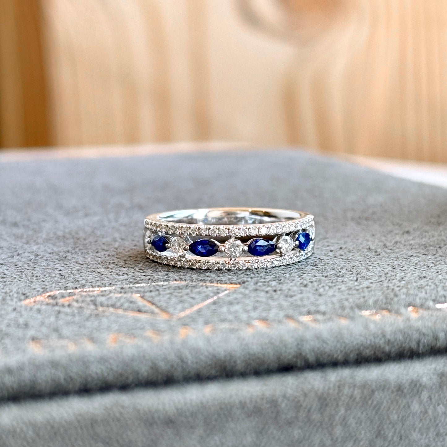 18K White Gold Sapphire and Diamond Triple Row Band