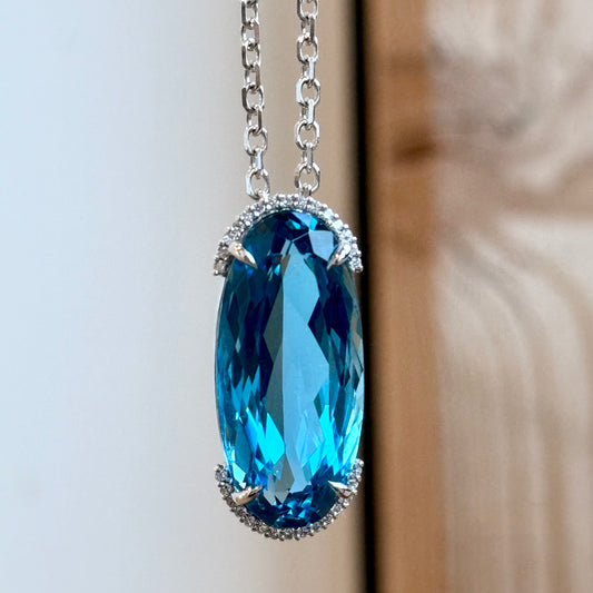 14K White Gold Large Oval Blue Topaz and Diamond Necklace