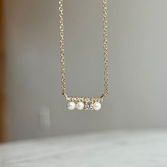 14K Diamond and Pearl Bar Necklace