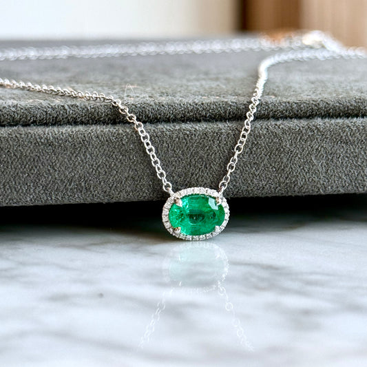 18K White Gold Emerald and Diamond Halo Necklace