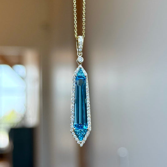 14K Yellow Gold Blue Topaz and Diamond Halo Necklace