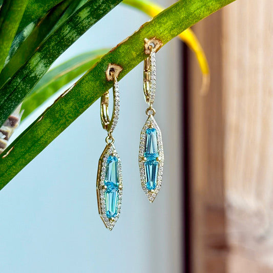 14K Yellow Gold Blue Topaz and Diamond Dangle Earrings