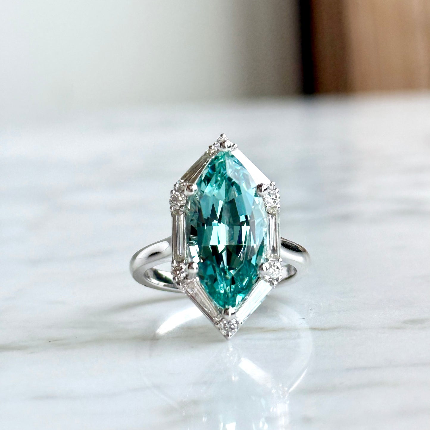 14K White Gold Aquamarine and Diamond Halo Ring