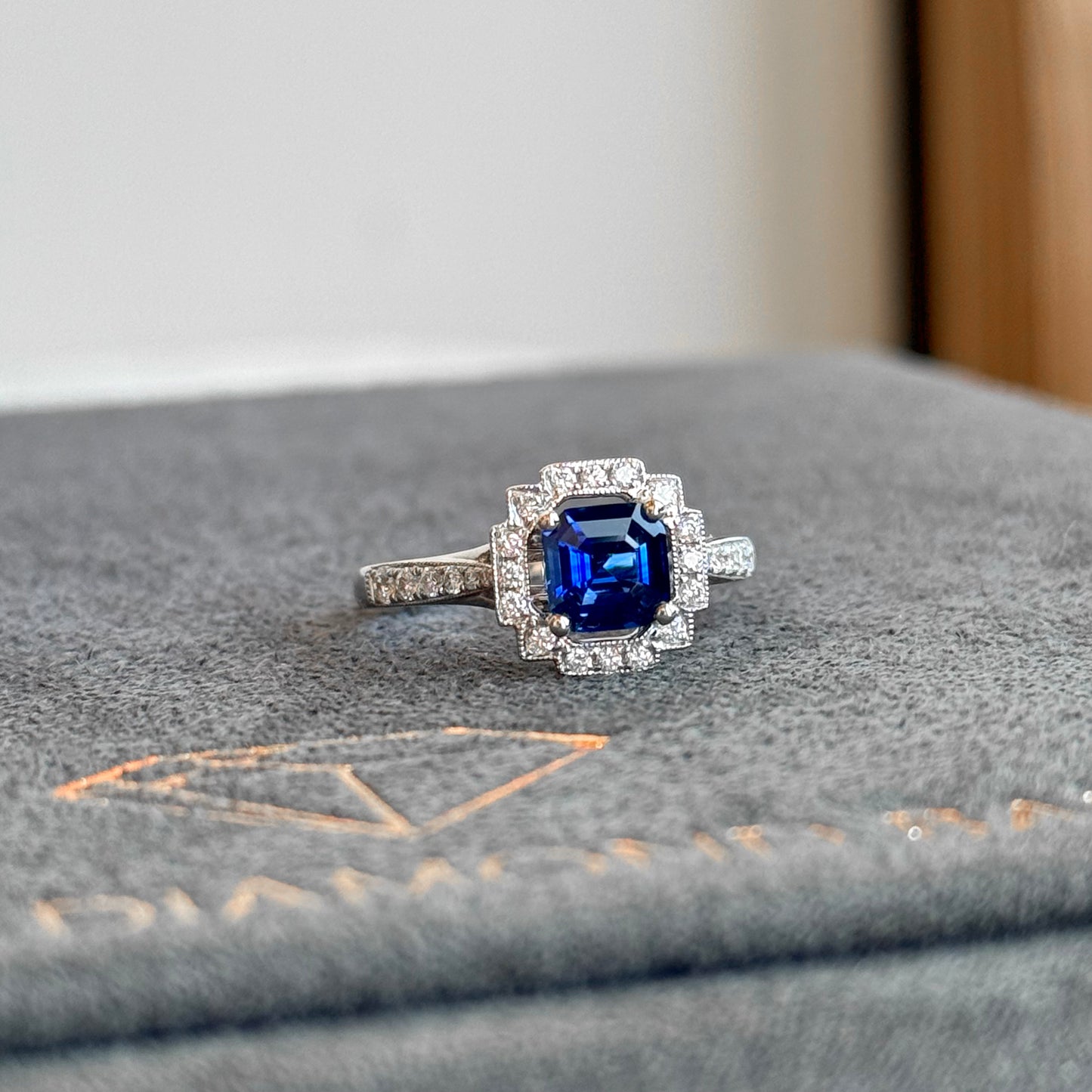 18K White Gold Sapphire and Diamond Halo Vintage Inspired Ring