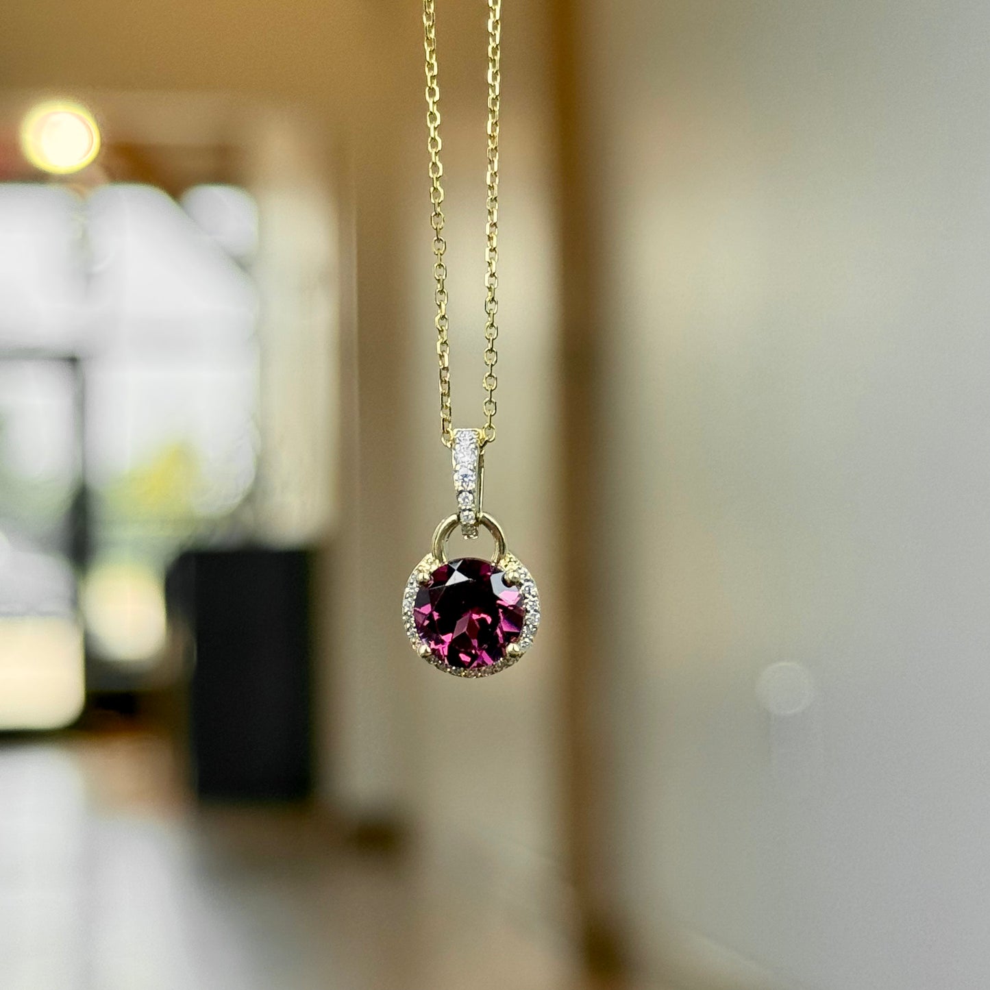 14K Yellow Gold Rhodolite Garnet and Diamond Necklace