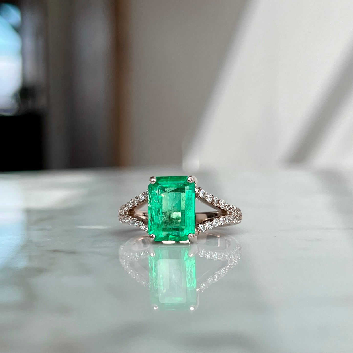 14K Rose Gold Emerald and Diamond Split Shank Ring