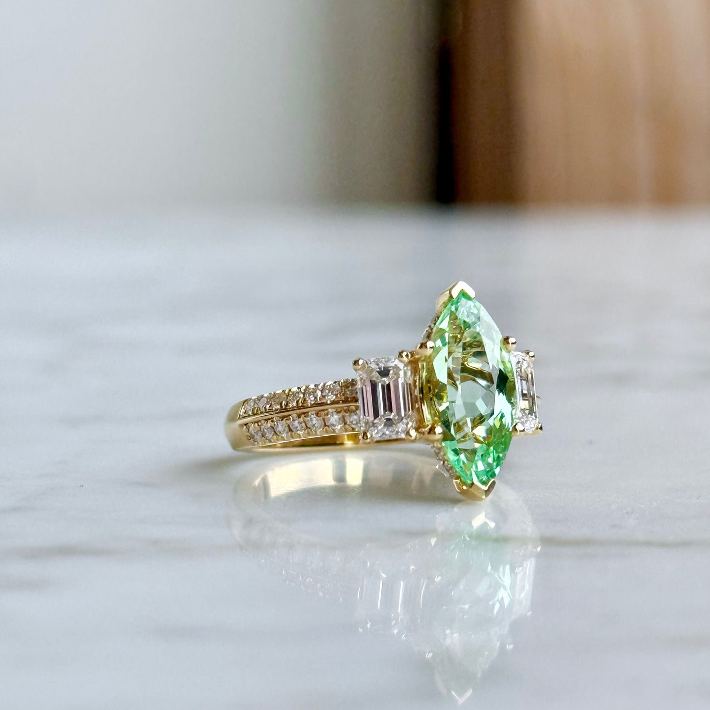 14K Yellow Gold  Marquise Tsavorite Garnet and Diamond Ring