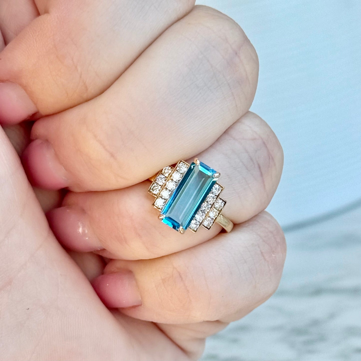 14K Gold Art-Deco Topaz and Diamond Ring