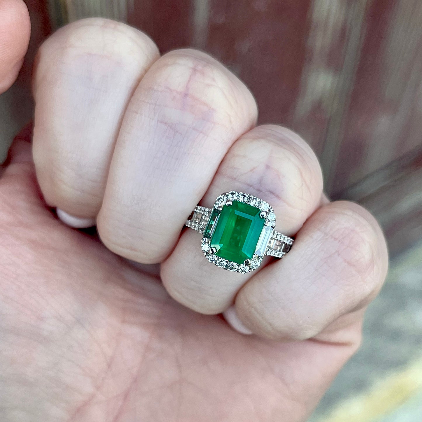 18K White Gold Emerald and Diamond Halo Ring
